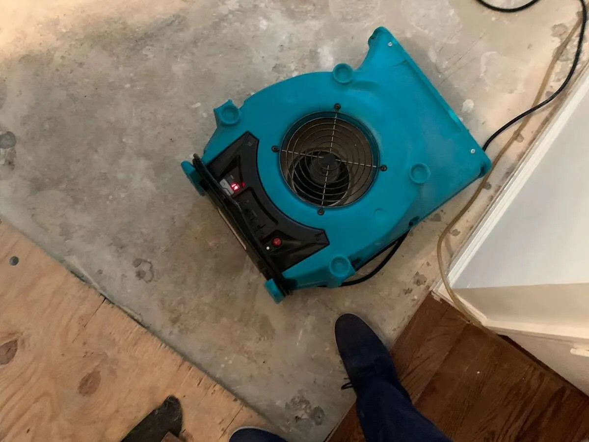 Air mover drying subfloor during Commercial Water Damage Restoration in Titusville